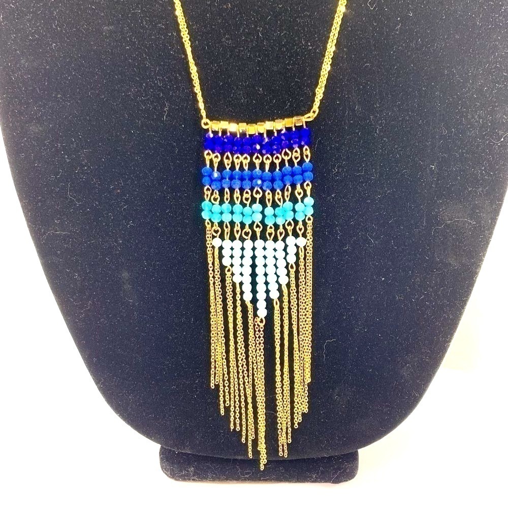 Southwest Inspired Beaded Tassel Bib Necklace Multi Tone Blue/Gold 17" Drop